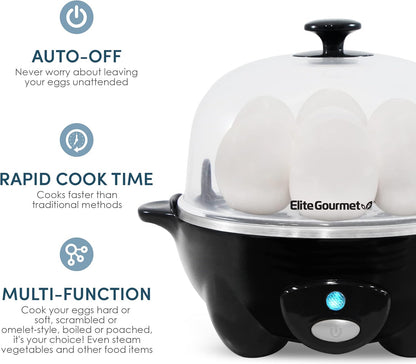 Elite Gourmet EGC-007B# Rapid Egg Cooker, 7 Easy-To-Peel, Hard, Medium, Soft Boiled Eggs, Poacher, Omelet Maker, Auto Shut-Off, Alarm, 16-Recipe Booklet, BPA-Free, Black
