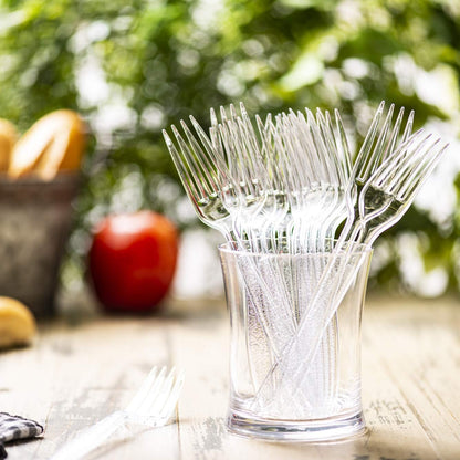 [100 Count] Engraved Clear Forks – Elegant Disposable Mini Utensils with Stylish Etched Design for Coffee, Desserts, and Events - Formerly Comfy Package
