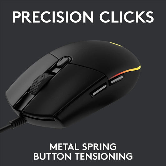 Logitech G203 2nd Gen Wired Gaming Mouse, 8,000 DPI, Rainbow Optical Effect LIGHTSYNC RGB, 6 Programmable Buttons, On-Board Memory, Screen Mapping, PC/Mac Computer and Laptop Compatible - Black - PuriLite