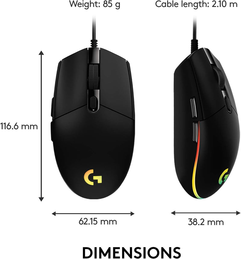 Logitech G203 2nd Gen Wired Gaming Mouse, 8,000 DPI, Rainbow Optical Effect LIGHTSYNC RGB, 6 Programmable Buttons, On-Board Memory, Screen Mapping, PC/Mac Computer and Laptop Compatible - Black