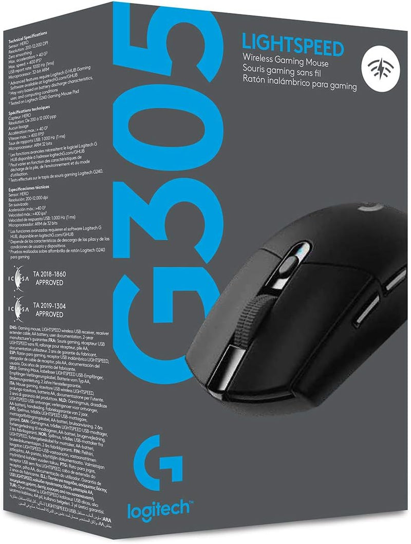 Logitech G305 LIGHTSPEED Wireless Gaming Mouse, Hero 12K Sensor, 12,000 DPI, Lightweight, 6 Programmable Buttons, 250h Battery Life, On-Board Memory, PC/Mac - Black