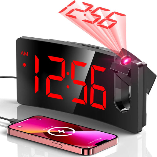 Projection Alarm Clock, Digital Clock with 180° Rotatable Projector, 3-Level Brightness Dimmer, Clear LED Display, USB Charger, Progressive Volume, 9mins Snooze,12/24H, Digital Alarm Clock for Bedroom