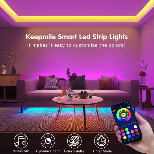 Keepsmile 100ft Led Strip Lights (2 Rolls of 50ft) Bluetooth App Control Led Lights Strip with Remote Music Sync Color Changing RGB Led Lights for Bedroom Room Home Christmas Decor (Lumiere Led 30M) - PuriLite