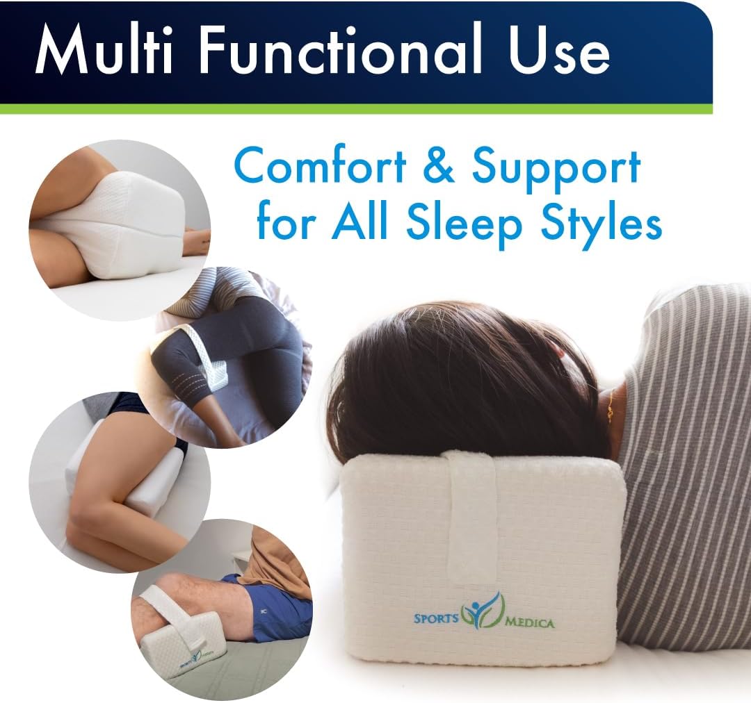 Ergonomic Memory Foam Knee Pillow for Side Sleepers with Breathable Removable Cover, Spine Alignment Leg Support Pillow with Adjustable Strap - PuriLite