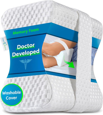 Ergonomic Memory Foam Knee Pillow for Side Sleepers with Breathable Removable Cover, Spine Alignment Leg Support Pillow with Adjustable Strap - PuriLite