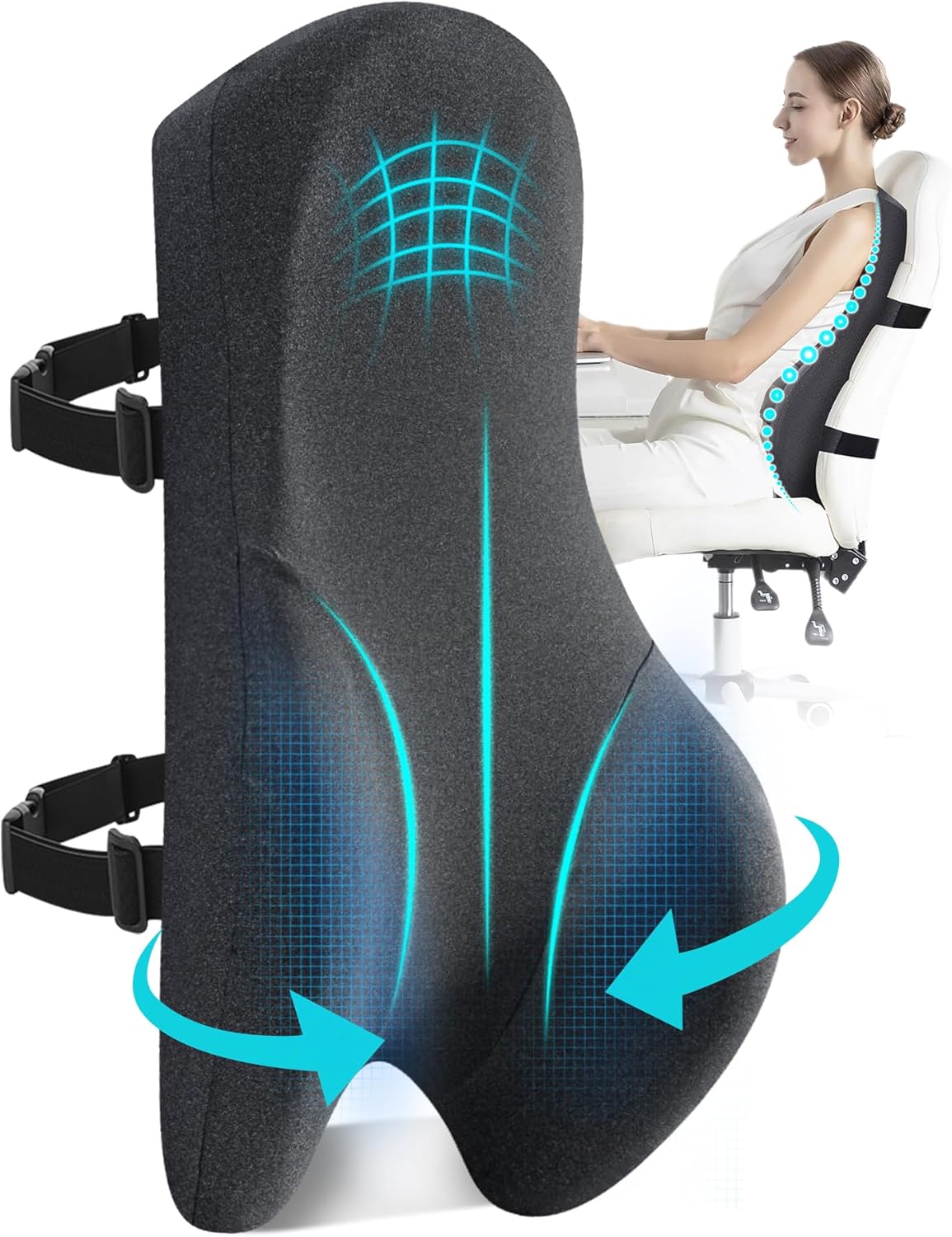 Long Back Lumbar Support Pillow for Office Chair with Memory Foam, Ergonomic Full Back Cushion with Adjustable Straps for Posture Support and Back Pain Relief - PuriLite