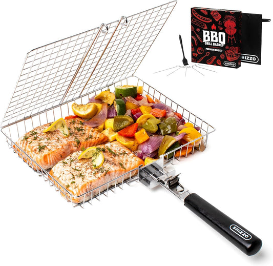 Stainless Steel BBQ Grill Basket Set with Handle, Large Folding Grilling Basket for Outdoor Barbecue, Camping Cooking Rack for Meat, Fish, Vegetables - PuriLite
