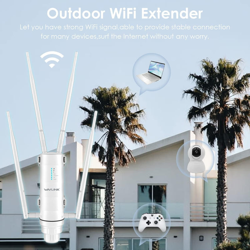 WAVLINK 2025 AC1200 Outdoor Long Range Weatherproof Dual Band WiFi Extender/Wireless Access Point with Outside PoE Powered,Gigabit Port,Supports Router/AP/Repeater Modes for Courtyard,RV,Campsite