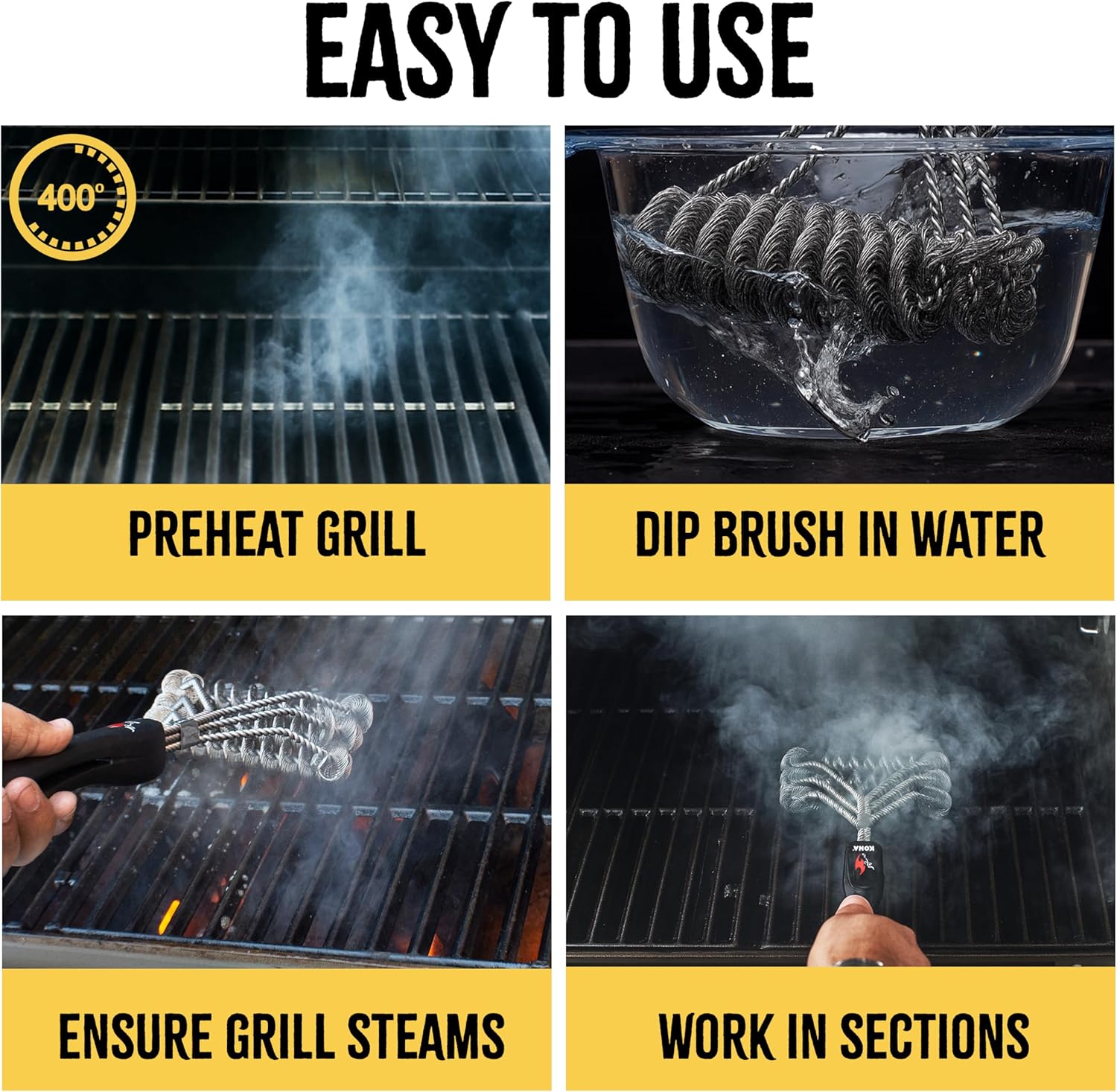 Bristle-Free Stainless Steel Grill Brush with Long Handle, Safe BBQ Cleaner for Porcelain, Ceramic, Cast Iron and Steel Grills - PuriLite