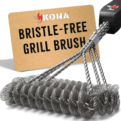 Bristle-Free Stainless Steel Grill Brush with Long Handle, Safe BBQ Cleaner for Porcelain, Ceramic, Cast Iron and Steel Grills - PuriLite