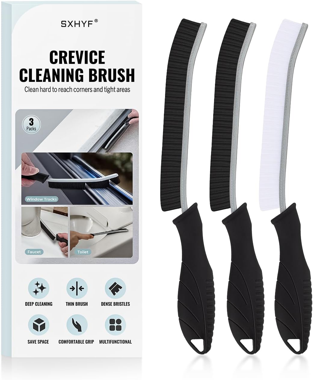 Crevice Cleaning Brush Set with Hard Bristles, Multifunction Gap Scrub Brushes for Bathroom, Kitchen, Tile, Grout, Window Tracks and Household Cleaning - PuriLite