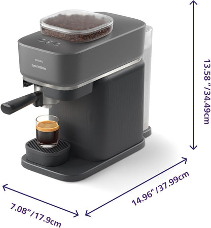 Philips Baristina Espresso Machine - Real espresso, made simple. Compact coffee machine, natural black with black portafilter, 16 bar pump pressure, automatic grinder, Cafe Crema (BAR300/60)