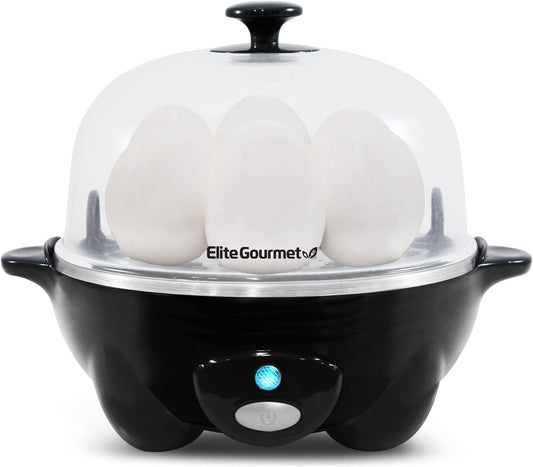 Elite Gourmet EGC-007B# Rapid Egg Cooker, 7 Easy-To-Peel, Hard, Medium, Soft Boiled Eggs, Poacher, Omelet Maker, Auto Shut-Off, Alarm, 16-Recipe Booklet, BPA-Free, Black