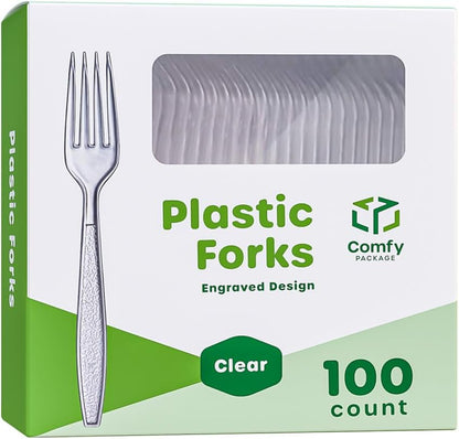 [100 Count] Engraved Clear Forks – Elegant Disposable Mini Utensils with Stylish Etched Design for Coffee, Desserts, and Events - Formerly Comfy Package