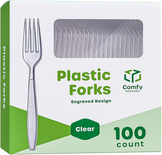 [100 Count] Engraved Clear Forks – Elegant Disposable Mini Utensils with Stylish Etched Design for Coffee, Desserts, and Events - Formerly Comfy Package