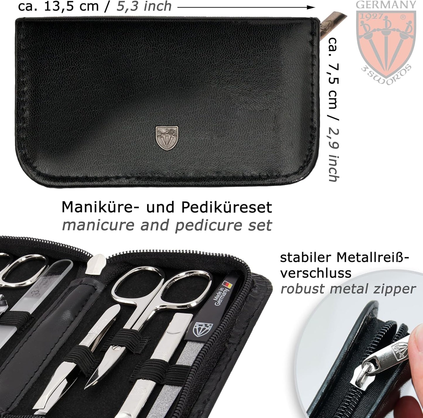 3 Swords Germany - brand quality 8 piece manicure pedicure grooming kit set for professional finger & toe nail care scissors clipper fashion leather case black in gift box, Made in Germany