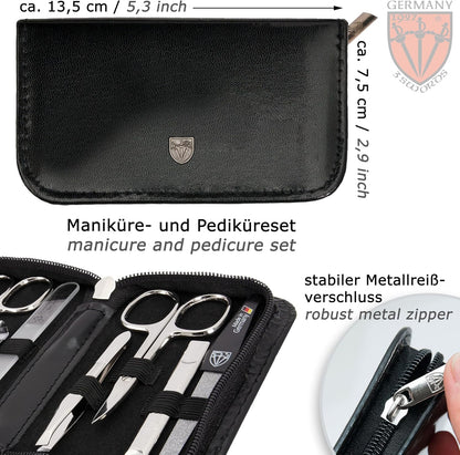 3 Swords Germany - brand quality 8 piece manicure pedicure grooming kit set for professional finger & toe nail care scissors clipper fashion leather case black in gift box, Made in Germany