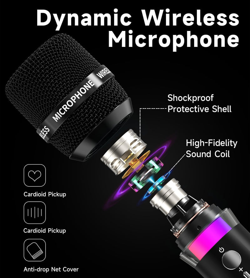Wireless Microphone, Rechargeable Wireless Dual Microphones with One-to-One Chip Connection and LED Lights, 40H Duration, 200FT Range Receiving, Less Latency Karaoke Microphone for Singing