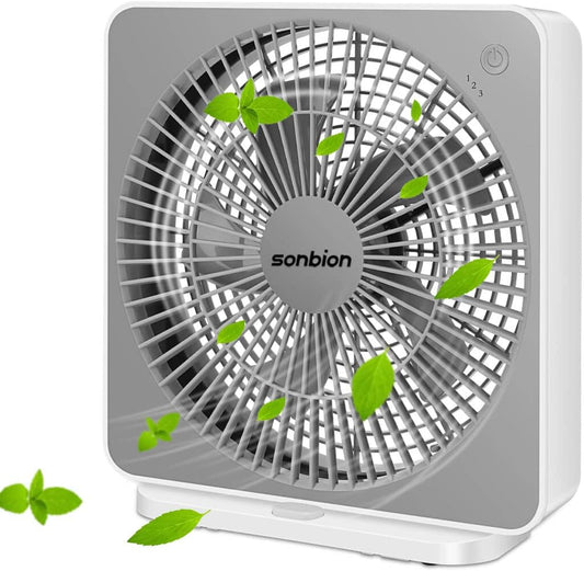 Box Fan, Three Speeds Window Table Cooling Fan 10 Inch DC Desk Fan with Plug-In AC Adapter, Strong Wind,Quiet Operation Work Fan for Home Bedroom Office Desk Outdoor Travel