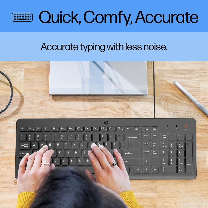 HP 150 Wired Keyboard - Full-Sized, Keyboard with Numeric Keypad - Silent-Touch Chiclet Keyboard - Ergonomic, Comfortable Design - USB Plug-and-Play Connectivity, LED Indicators (240J7AA, Black)