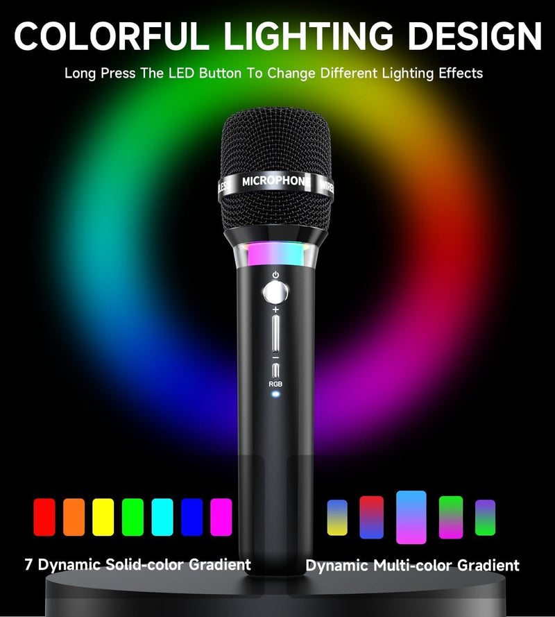 Wireless Microphone, Rechargeable Wireless Dual Microphones with One-to-One Chip Connection and LED Lights, 40H Duration, 200FT Range Receiving, Less Latency Karaoke Microphone for Singing
