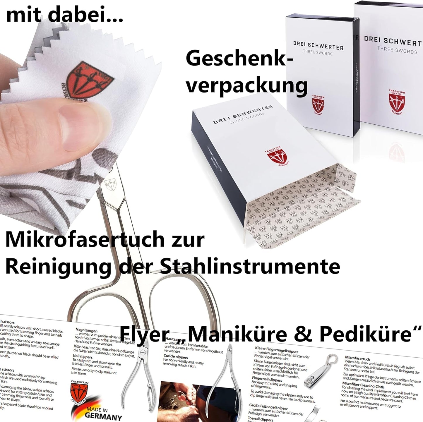 3 Swords Germany - brand quality 8 piece manicure pedicure grooming kit set for professional finger & toe nail care scissors clipper fashion leather case black in gift box, Made in Germany