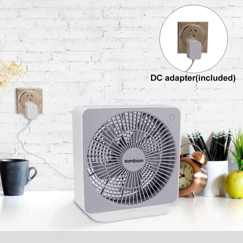 Box Fan, Three Speeds Window Table Cooling Fan 10 Inch DC Desk Fan with Plug-In AC Adapter, Strong Wind,Quiet Operation Work Fan for Home Bedroom Office Desk Outdoor Travel