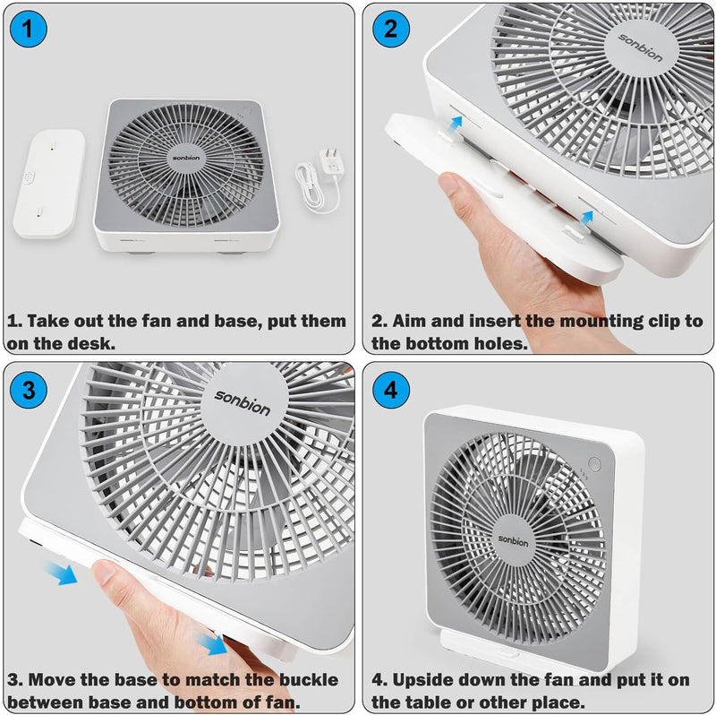 Box Fan, Three Speeds Window Table Cooling Fan 10 Inch DC Desk Fan with Plug-In AC Adapter, Strong Wind,Quiet Operation Work Fan for Home Bedroom Office Desk Outdoor Travel