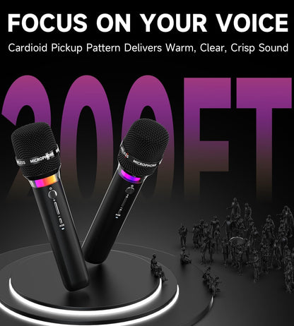Wireless Microphone, Rechargeable Wireless Dual Microphones with One-to-One Chip Connection and LED Lights, 40H Duration, 200FT Range Receiving, Less Latency Karaoke Microphone for Singing