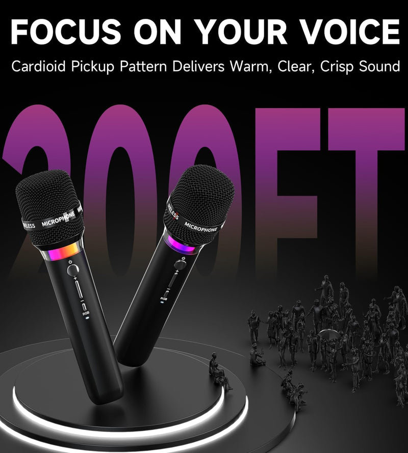 Wireless Microphone, Rechargeable Wireless Dual Microphones with One-to-One Chip Connection and LED Lights, 40H Duration, 200FT Range Receiving, Less Latency Karaoke Microphone for Singing