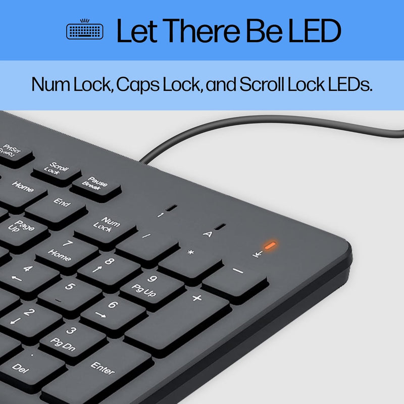 HP 150 Wired Keyboard - Full-Sized, Keyboard with Numeric Keypad - Silent-Touch Chiclet Keyboard - Ergonomic, Comfortable Design - USB Plug-and-Play Connectivity, LED Indicators (240J7AA, Black)