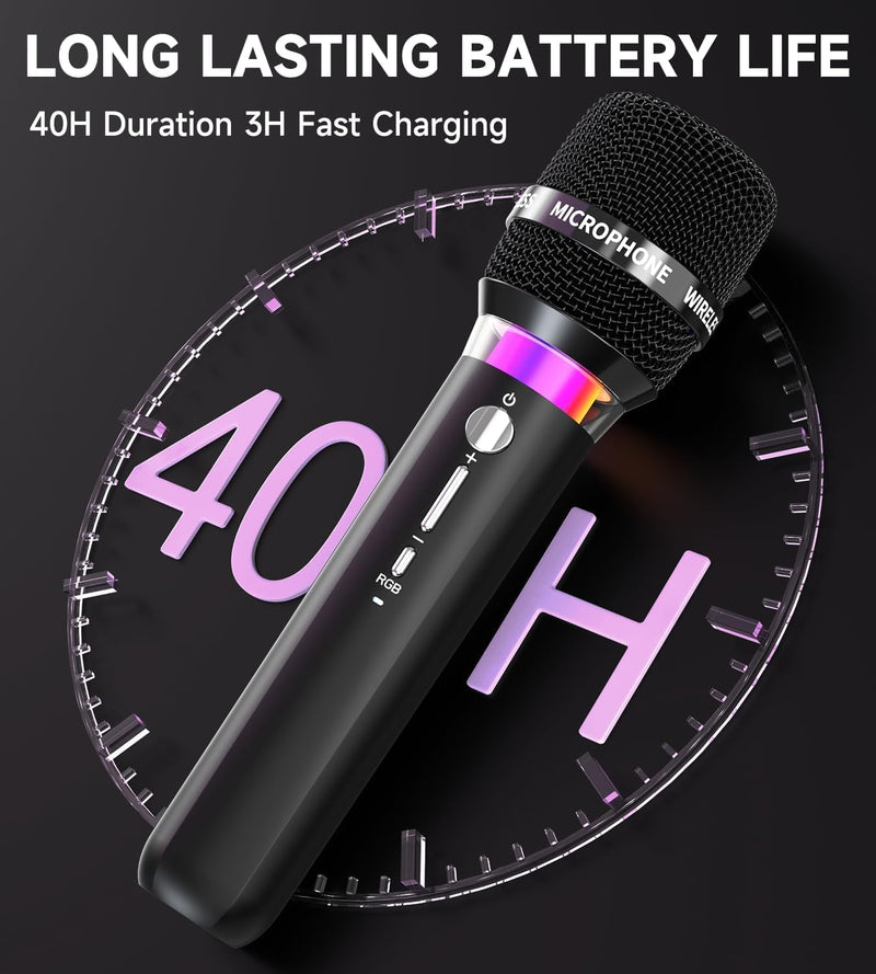 Wireless Microphone, Rechargeable Wireless Dual Microphones with One-to-One Chip Connection and LED Lights, 40H Duration, 200FT Range Receiving, Less Latency Karaoke Microphone for Singing