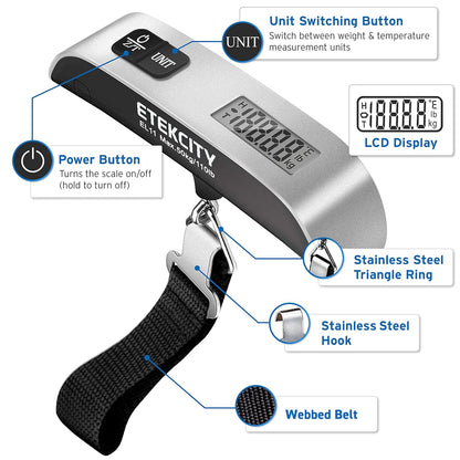Etekcity Digital Hanging Luggage Scale, Portable Handheld, Suitcase Scale with Rubber Paint, Temperature Sensor, 110 Pounds