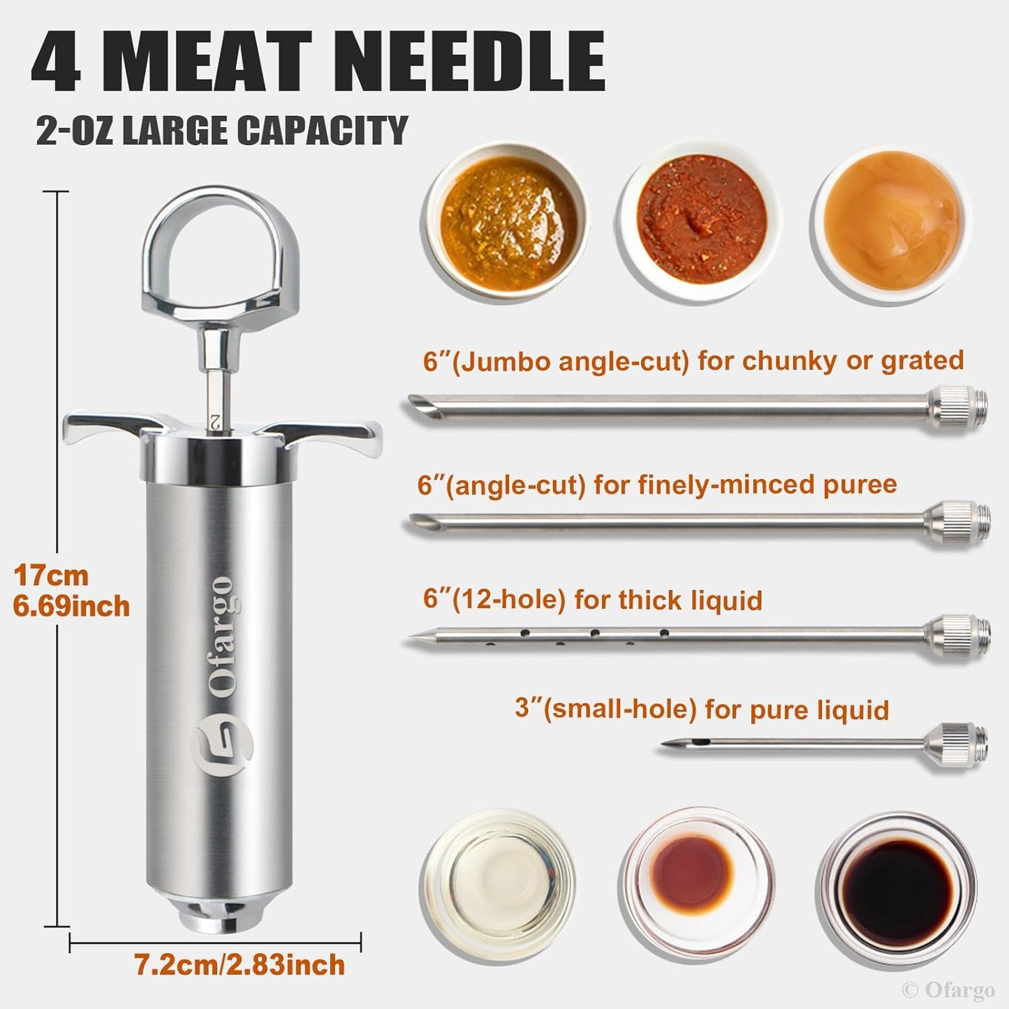 Stainless Steel Meat Injector Syringe Kit 2oz with 4 Marinade Needles, Flavor Injector for BBQ, Grill, Smoker, and Home Cooking – Includes E-Book Recipe Guide - PuriLite
