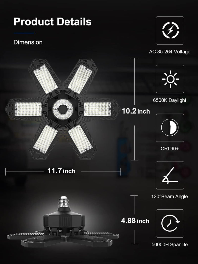 2 Pack LED Garage Lights, 200W Garage Lights, 20000 LM LED Shop Light, 6500K Ceiling Lights for Garage, Workshop, Barn, Warehouse, Yard