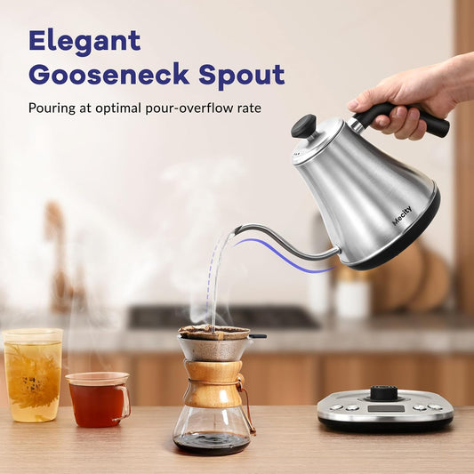 Mecity Electric Gooseneck Kettle With LCD Display Automatic Shut Off Retro Coffee Kettle Temperature Control Hot Water Boiler to Pour Over Tea, 1200 Watt Quick Heating Tea Pot, 0.8L, Stainless Steel - PuriLite