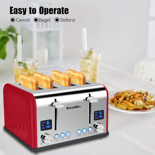 Toaster 4 Slice, Bagel Stainless Toaster with LCD Timer, Extra Wide Slots, Dual Screen, Removal Crumb Tray (Red) - PuriLite