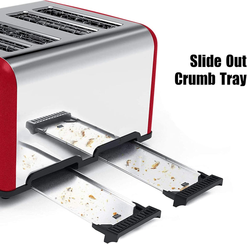 Toaster 4 Slice, Bagel Stainless Toaster with LCD Timer, Extra Wide Slots, Dual Screen, Removal Crumb Tray (Red)