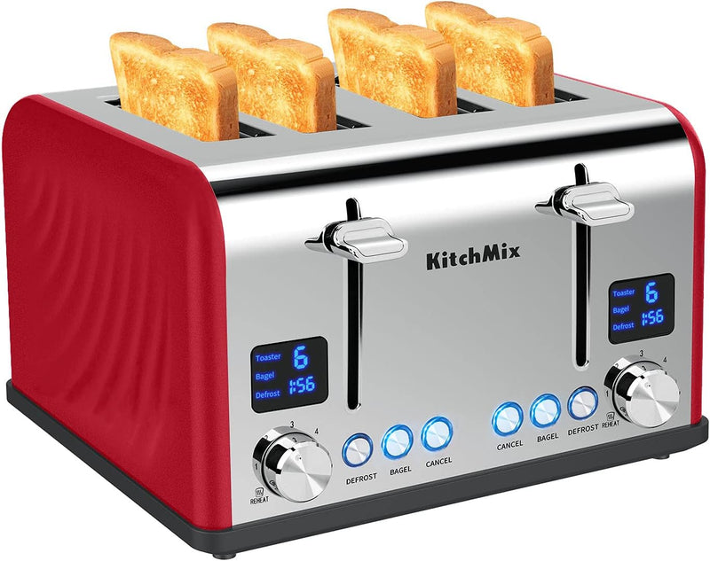 Toaster 4 Slice, Bagel Stainless Toaster with LCD Timer, Extra Wide Slots, Dual Screen, Removal Crumb Tray (Red)