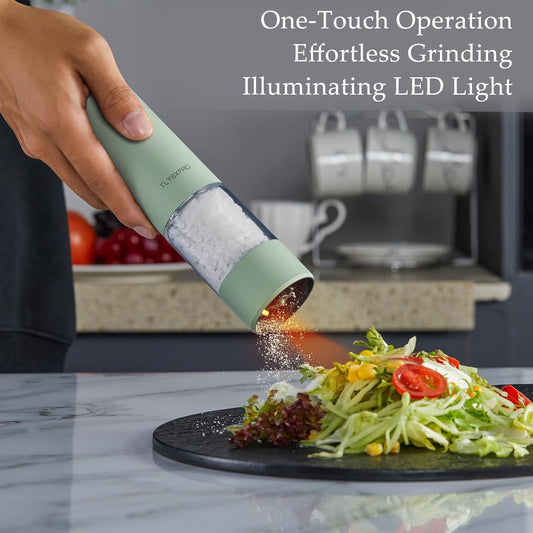 Electric Salt and Pepper Grinder Set, USB Rechargeable, Automatic Salt and Pepper Mill Grinder with Adjustable Coarseness, Electric Salt Shakers, LED Light, Refillable (2 Packs, Sage) - PuriLite