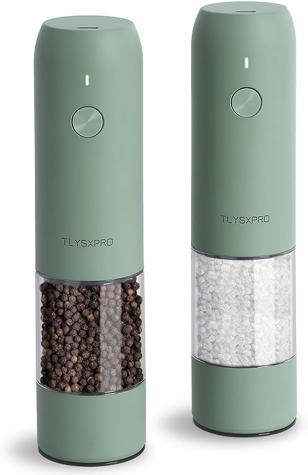 Electric Salt and Pepper Grinder Set, USB Rechargeable, Automatic Salt and Pepper Mill Grinder with Adjustable Coarseness, Electric Salt Shakers, LED Light, Refillable (2 Packs, Sage)