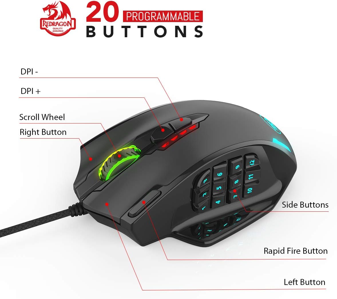 Redragon M908 Impact RGB Gaming Mouse, 12,400 DPI Wired Laser MMO Mouse with High Precision Actuation, 12 Macro Side Buttons and 16.8 Million Customized Breathing Backlight for PC/Laptop