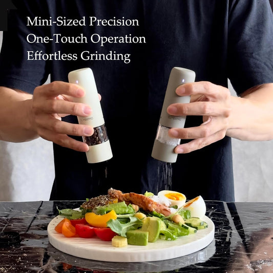 Small Electric Salt and Pepper Grinder Set, USB Rechargeable, Automatic Pepper Grinder Shakers Mill with Adjustable Coarseness, One Hand Operation for Kitchen Gadgets (2 Packs, Greige&Buttercream) - PuriLite