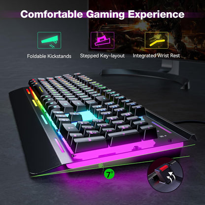 TECKNET Gaming Keyboard,104 Keys All-Metal Panel Computer Keyboard, 15-Zone RGB Illumination, 25 Anti-ghosting Keys, Waterproof LED Backlit USB Wired Keyboard with Wrist Rest for PC, Mac, Laptop