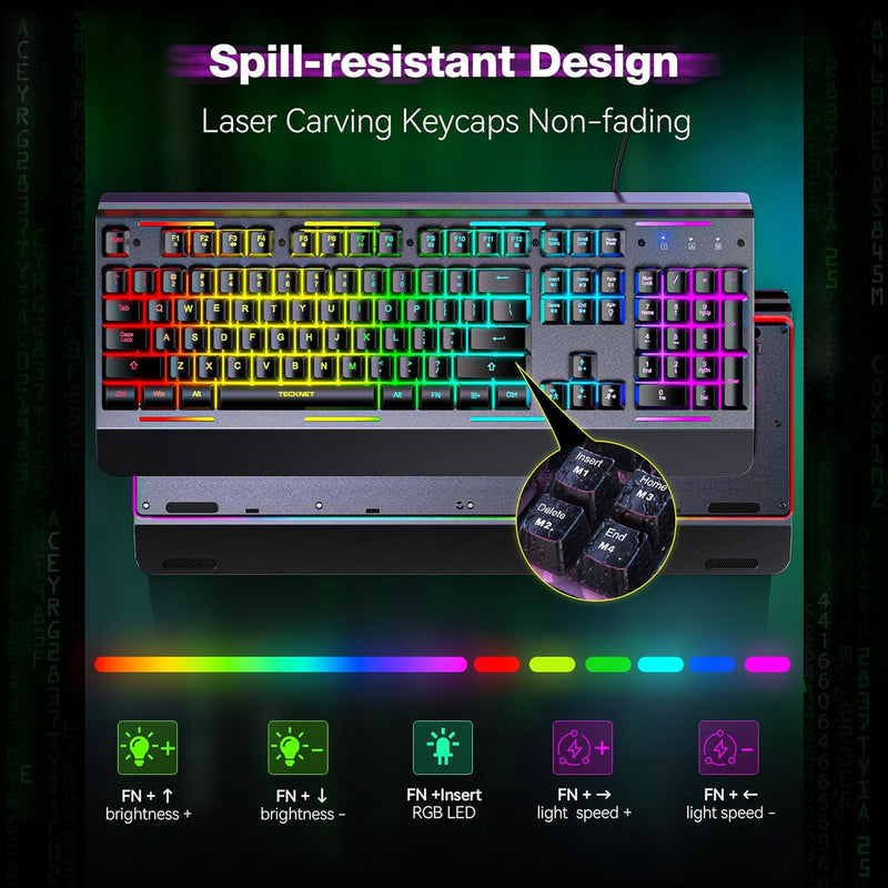 TECKNET Gaming Keyboard,104 Keys All-Metal Panel Computer Keyboard, 15-Zone RGB Illumination, 25 Anti-ghosting Keys, Waterproof LED Backlit USB Wired Keyboard with Wrist Rest for PC, Mac, Laptop