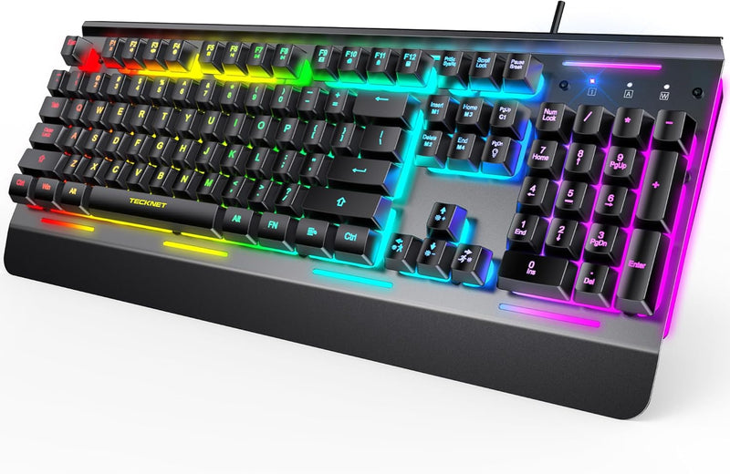 TECKNET Gaming Keyboard,104 Keys All-Metal Panel Computer Keyboard, 15-Zone RGB Illumination, 25 Anti-ghosting Keys, Waterproof LED Backlit USB Wired Keyboard with Wrist Rest for PC, Mac, Laptop