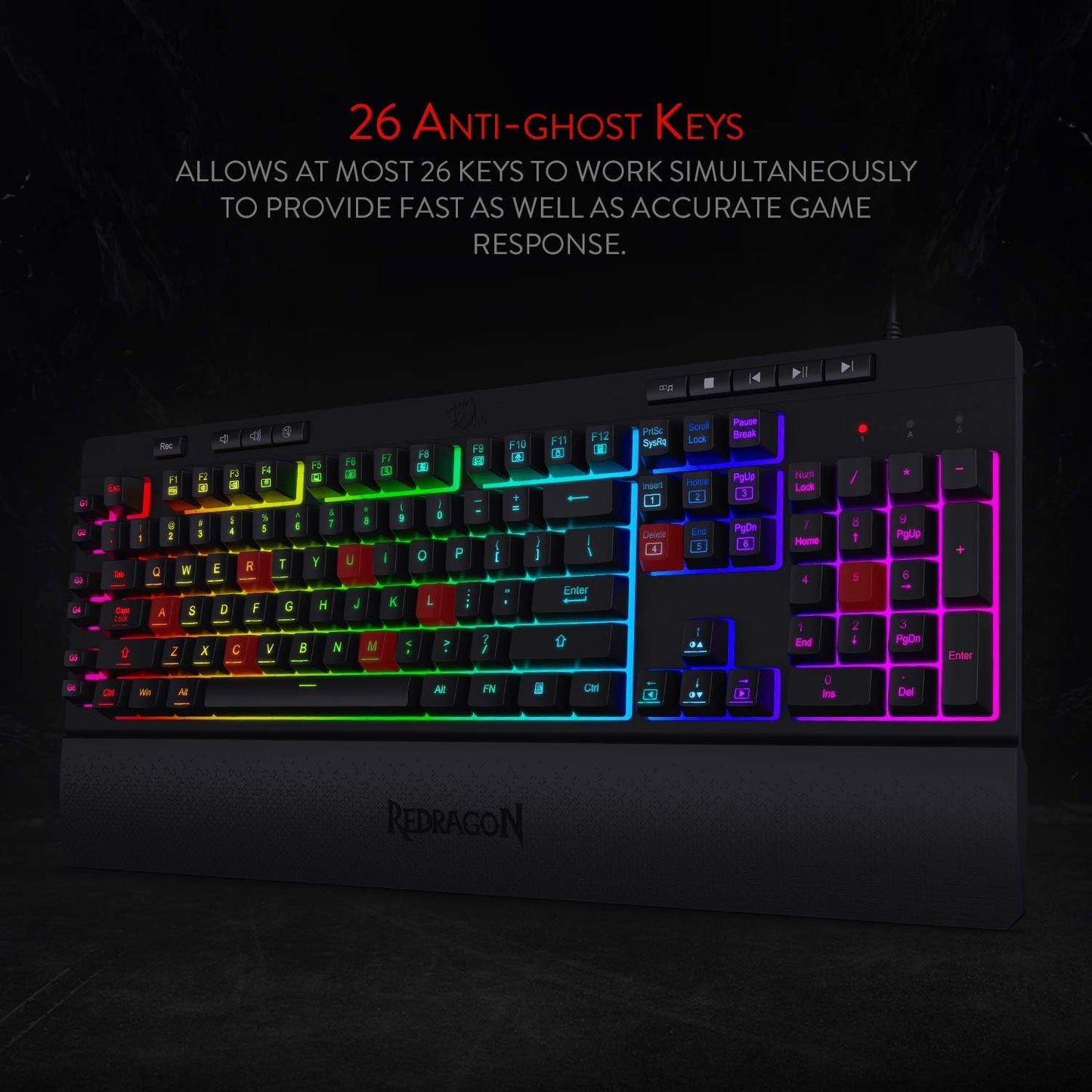Redragon K512 Shiva RGB Backlit Membrane Gaming Keyboard with Multimedia Keys, Quiet Mechanical Feeling Keyboard, 6 Extra On-Board Macro Keys, Dedicated Media Control, Detachable Wrist Rest, Black