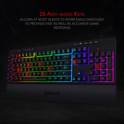 Redragon K512 Shiva RGB Backlit Membrane Gaming Keyboard with Multimedia Keys, Quiet Mechanical Feeling Keyboard, 6 Extra On-Board Macro Keys, Dedicated Media Control, Detachable Wrist Rest, Black