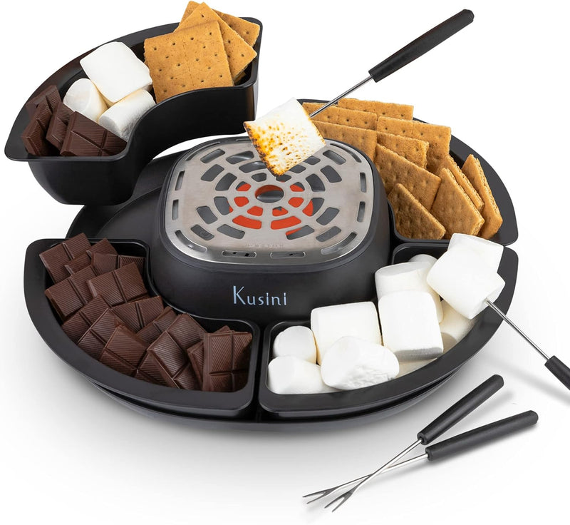 Kusini Smores Maker Tabletop Indoor - Flameless Electric Marshmallow Roaster – 4 Detachable Trays & 4 Roasting Forks – Gift Set & Date Night Idea. Movie Night Supplies & Housewarming Gift