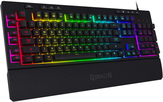 Redragon K512 Shiva RGB Backlit Membrane Gaming Keyboard with Multimedia Keys, Quiet Mechanical Feeling Keyboard, 6 Extra On-Board Macro Keys, Dedicated Media Control, Detachable Wrist Rest, Black